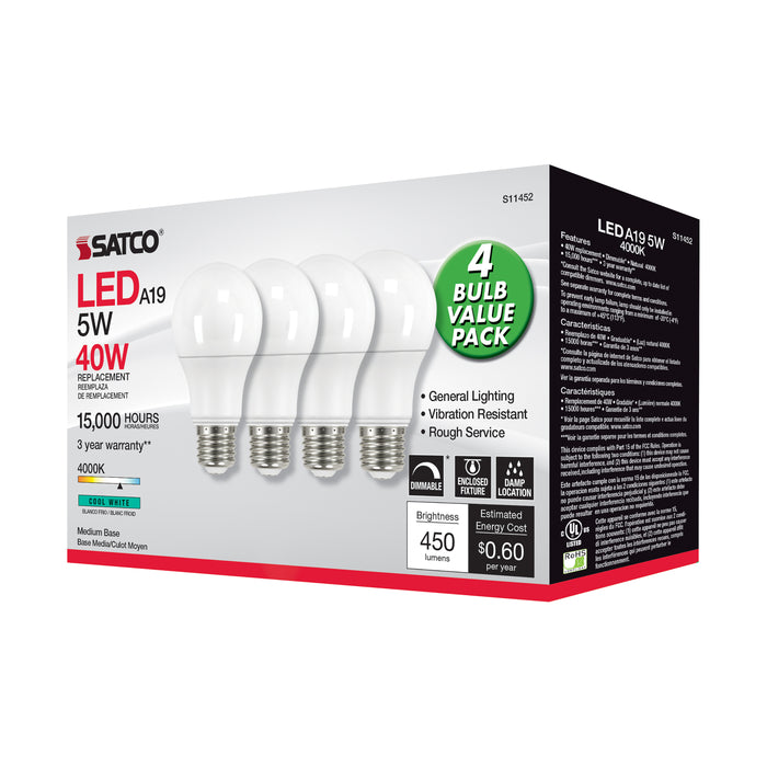 SATCO/NUVO 5W A19 LED 4000K Dimmable Medium Base 230 Degree Beam Angle 4-Pack (S11452)