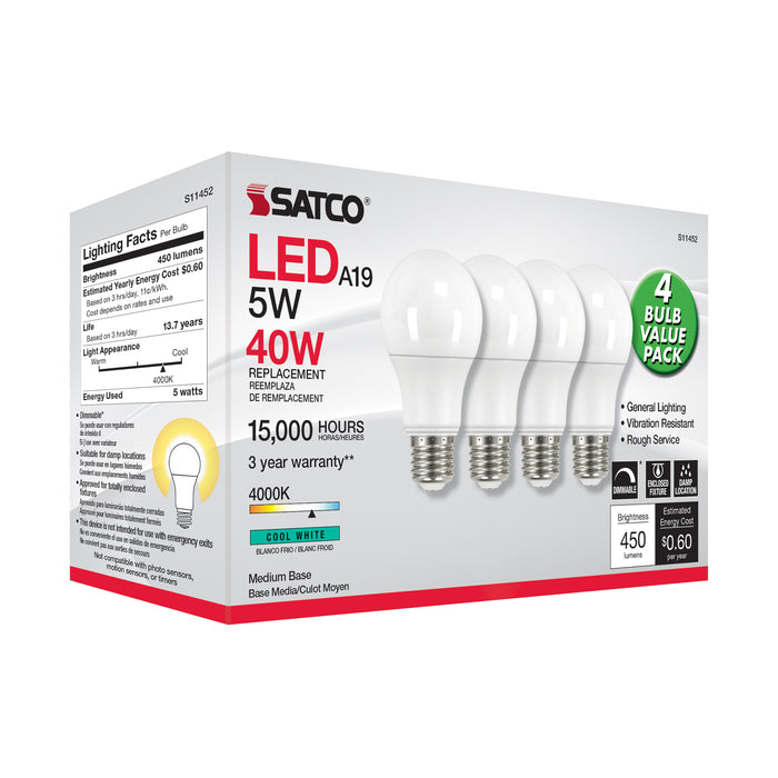SATCO/NUVO 5W A19 LED 4000K Dimmable Medium Base 230 Degree Beam Angle 4-Pack (S11452)