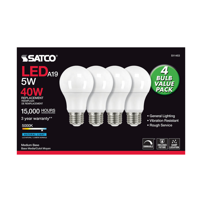 SATCO/NUVO 5W A19 LED 5000K Dimmable Medium Base 230 Degree Beam Angle 4-Pack (S11453)
