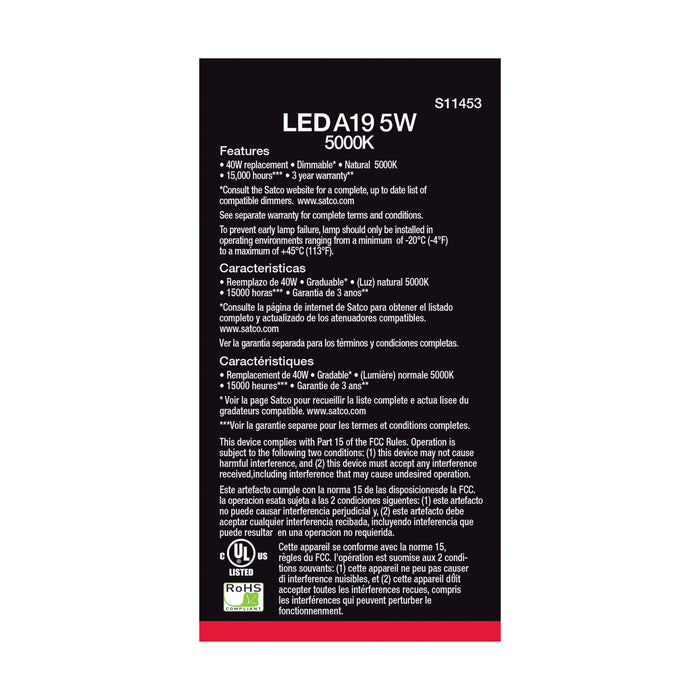 SATCO/NUVO 5W A19 LED 5000K Dimmable Medium Base 230 Degree Beam Angle 4-Pack (S11453)