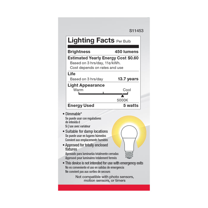 SATCO/NUVO 5W A19 LED 5000K Dimmable Medium Base 230 Degree Beam Angle 4-Pack (S11453)