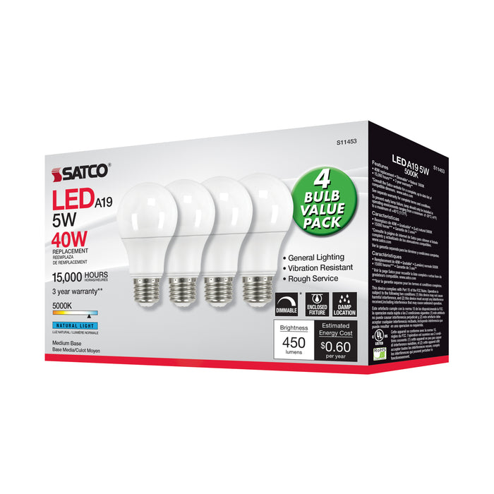 SATCO/NUVO 5W A19 LED 5000K Dimmable Medium Base 230 Degree Beam Angle 4-Pack (S11453)