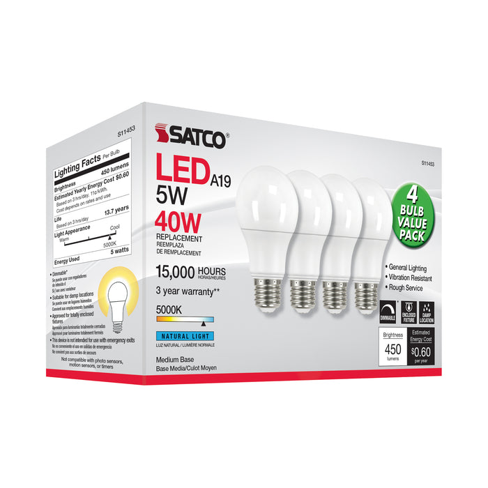 SATCO/NUVO 5W A19 LED 5000K Dimmable Medium Base 230 Degree Beam Angle 4-Pack (S11453)
