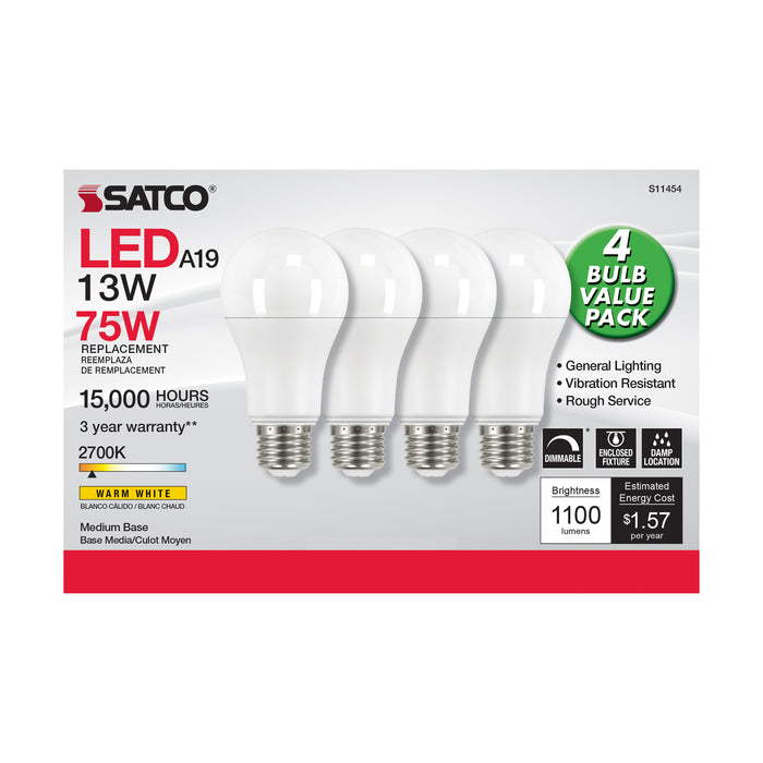 SATCO/NUVO 13W A19 LED 2700K Dimmable Medium Base 230 Degree Beam Angle 4-Pack (S11454)