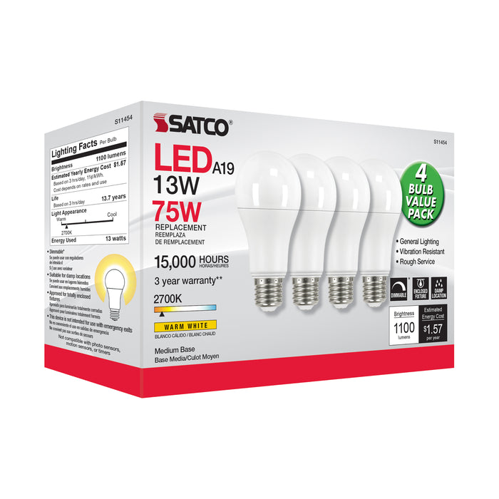 SATCO/NUVO 13W A19 LED 2700K Dimmable Medium Base 230 Degree Beam Angle 4-Pack (S11454)