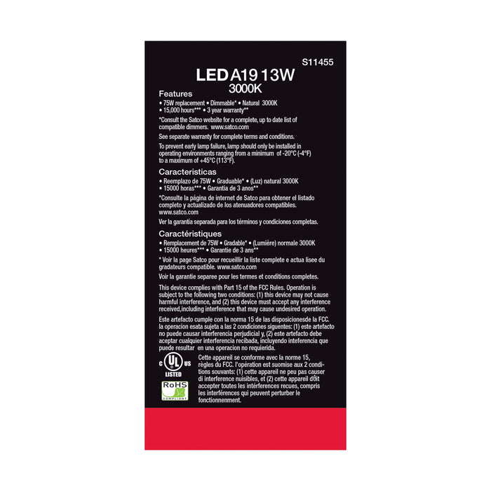 SATCO/NUVO 13W A19 LED 3000K Dimmable Medium Base 230 Degree Beam Angle 4-Pack (S11455)