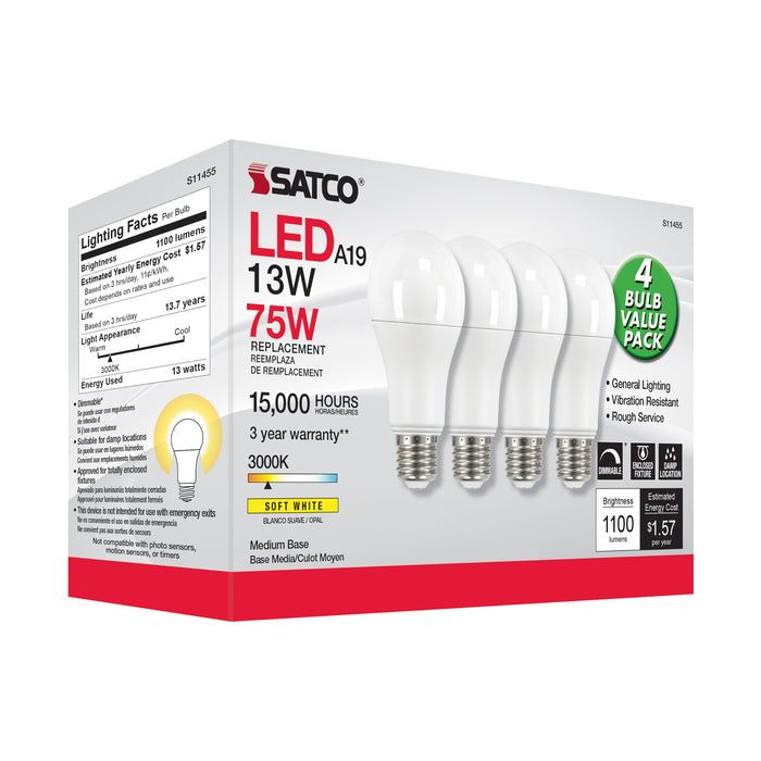 SATCO/NUVO 13W A19 LED 3000K Dimmable Medium Base 230 Degree Beam Angle 4-Pack (S11455)