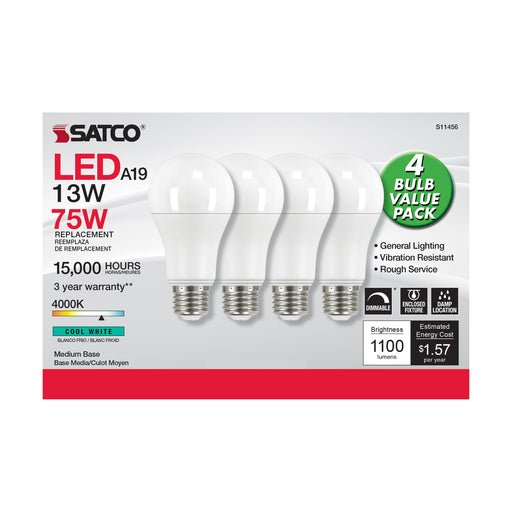 SATCO/NUVO 13W A19 LED 4000K Dimmable Medium Base 230 Degree Beam Angle 4-Pack (S11456)