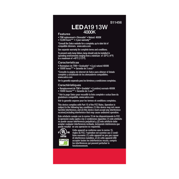 SATCO/NUVO 13W A19 LED 4000K Dimmable Medium Base 230 Degree Beam Angle 4-Pack (S11456)