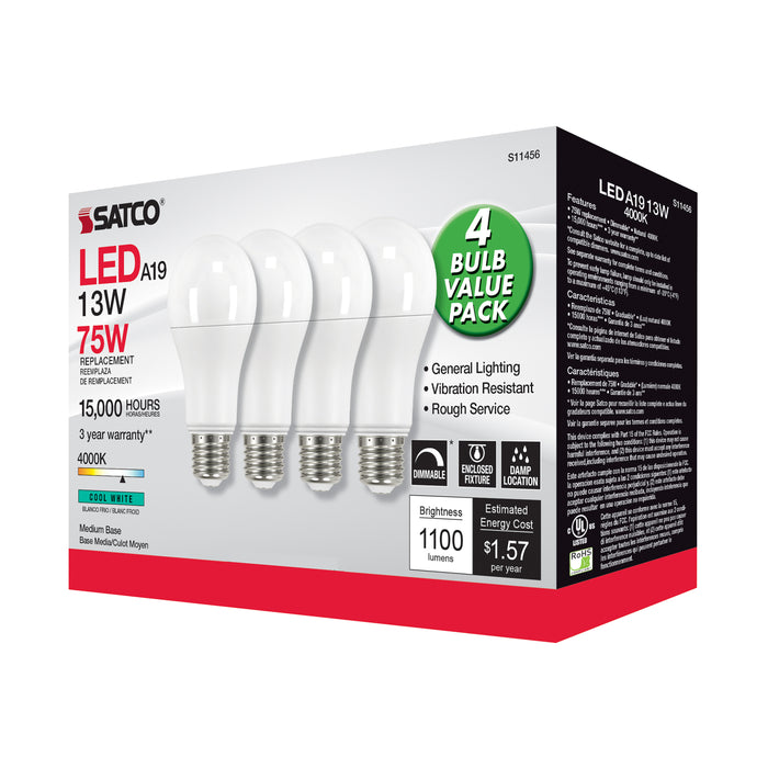 SATCO/NUVO 13W A19 LED 4000K Dimmable Medium Base 230 Degree Beam Angle 4-Pack (S11456)