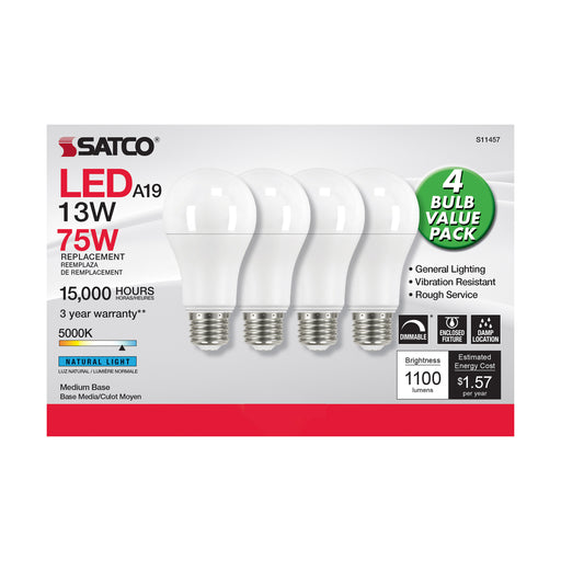 SATCO/NUVO 13W A19 LED 5000K Dimmable Medium Base 230 Degree Beam Angle 4-Pack (S11457)