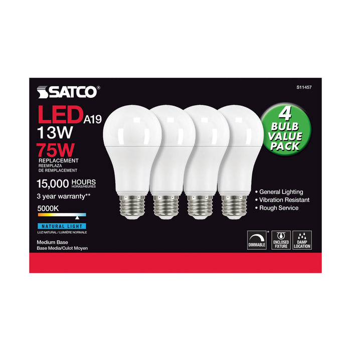 SATCO/NUVO 13W A19 LED 5000K Dimmable Medium Base 230 Degree Beam Angle 4-Pack (S11457)