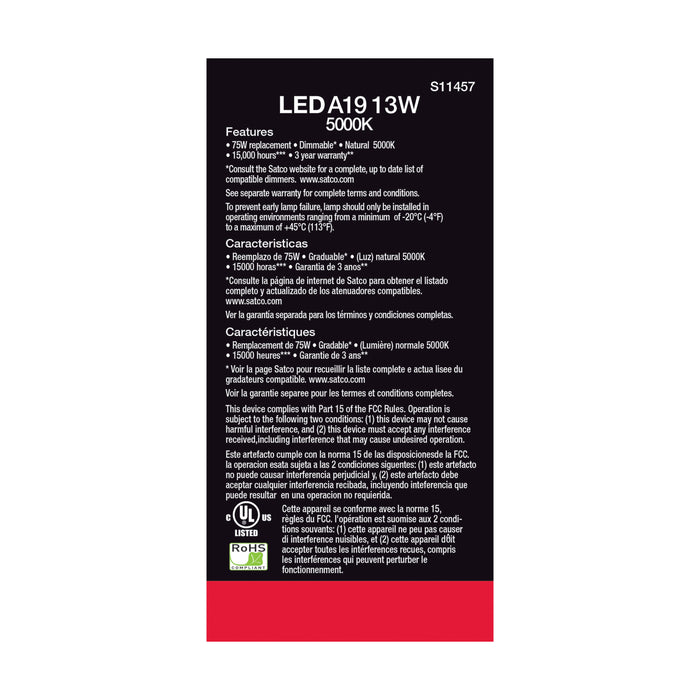 SATCO/NUVO 13W A19 LED 5000K Dimmable Medium Base 230 Degree Beam Angle 4-Pack (S11457)