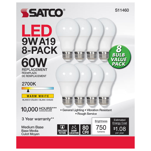 SATCO/NUVO 9W A19 LED 2700K 750Lm Non-Dimmable E26 Base 80 CRI 8-Pack (S11460)
