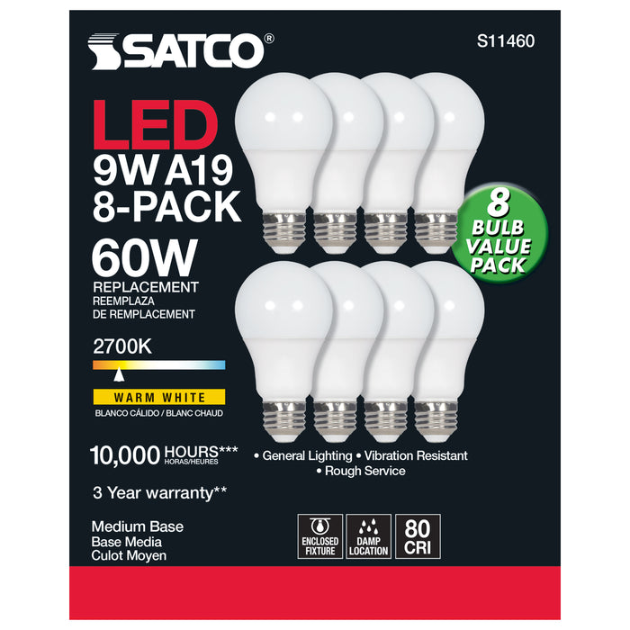 SATCO/NUVO 9W A19 LED 2700K 750Lm Non-Dimmable E26 Base 80 CRI 8-Pack (S11460)