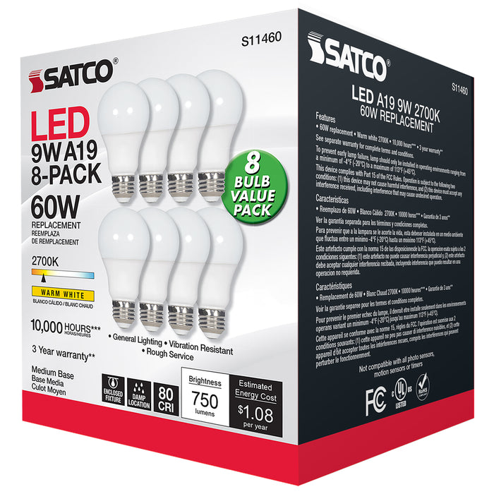 SATCO/NUVO 9W A19 LED 2700K 750Lm Non-Dimmable E26 Base 80 CRI 8-Pack (S11460)