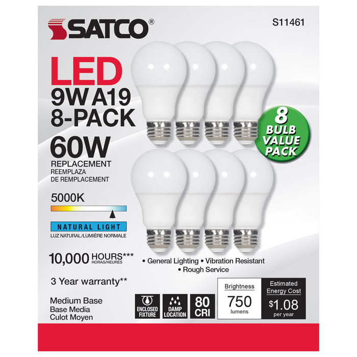 SATCO/NUVO 9W A19 LED 5000K 750Lm Non-Dimmable E26 Base 80 CRI 8-Pack (S11461)