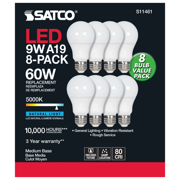 SATCO/NUVO 9W A19 LED 5000K 750Lm Non-Dimmable E26 Base 80 CRI 8-Pack (S11461)