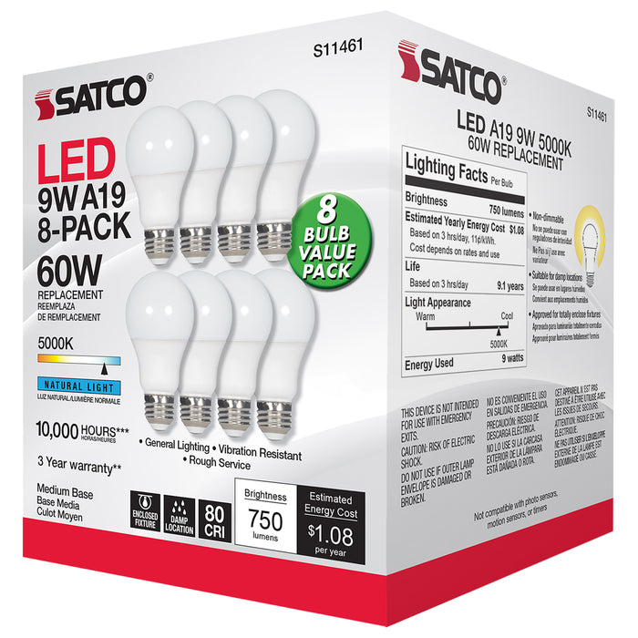 SATCO/NUVO 9W A19 LED 5000K 750Lm Non-Dimmable E26 Base 80 CRI 8-Pack (S11461)