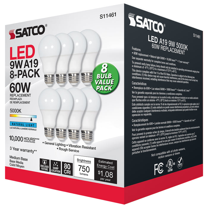 SATCO/NUVO 9W A19 LED 5000K 750Lm Non-Dimmable E26 Base 80 CRI 8-Pack (S11461)