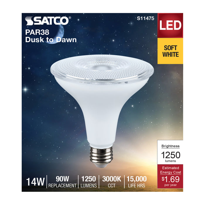 SATCO/NUVO 14W LED Dusk To Dawn LED PAR38 Lamp 3000K 1250Lm 120V 40 Degree Beam Angle E26 Base Non-Dimmable White (S11475)