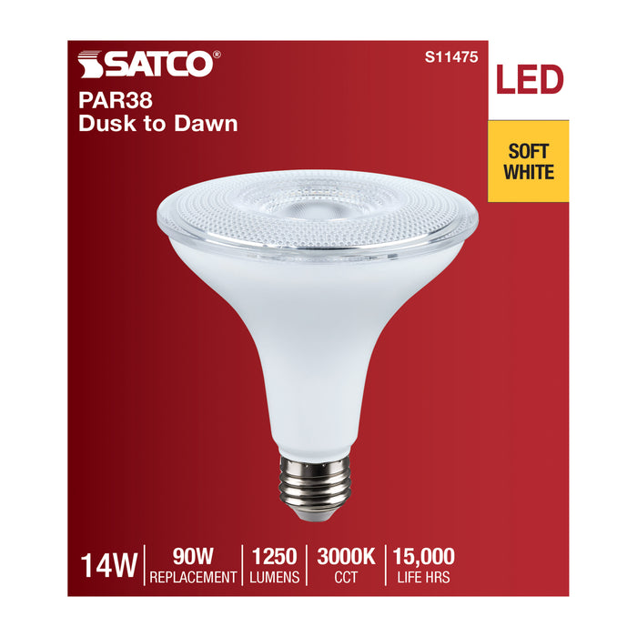 SATCO/NUVO 14W LED Dusk To Dawn LED PAR38 Lamp 3000K 1250Lm 120V 40 Degree Beam Angle E26 Base Non-Dimmable White (S11475)