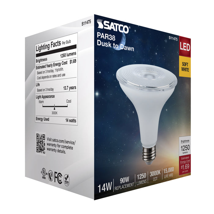 SATCO/NUVO 14W LED Dusk To Dawn LED PAR38 Lamp 3000K 1250Lm 120V 40 Degree Beam Angle E26 Base Non-Dimmable White (S11475)