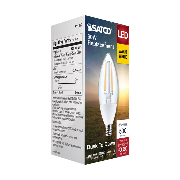 SATCO/NUVO 5W B11 Dusk To Dawn LED 2700K Candelabra Base 120V 90 CRI With Photocell (S11477)