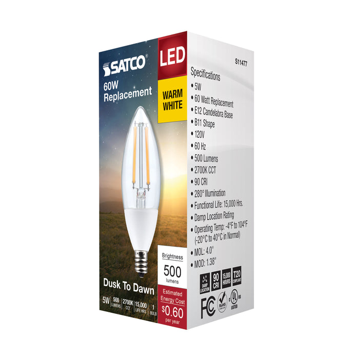 SATCO/NUVO 5W B11 Dusk To Dawn LED 2700K Candelabra Base 120V 90 CRI With Photocell (S11477)