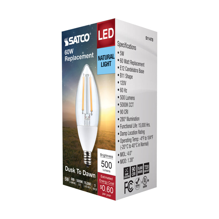 SATCO/NUVO 5W B11 Dusk To Dawn LED 5000K Candelabra Base 120V 90 CRI With Photocell (S11478)