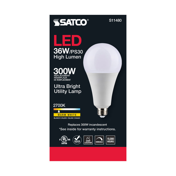 SATCO/NUVO Ultra Bright Utility Lamp 36W PS30 LED Dimmable White Finish Medium Base 2700K 120V High Lumen (S11480)