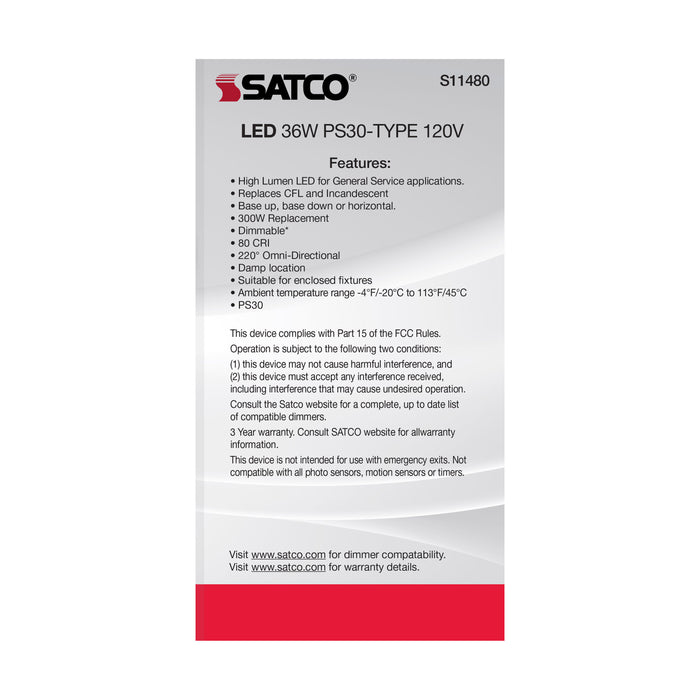 SATCO/NUVO Ultra Bright Utility Lamp 36W PS30 LED Dimmable White Finish Medium Base 2700K 120V High Lumen (S11480)