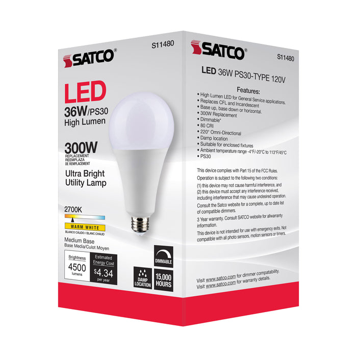 SATCO/NUVO Ultra Bright Utility Lamp 36W PS30 LED Dimmable White Finish Medium Base 2700K 120V High Lumen (S11480)