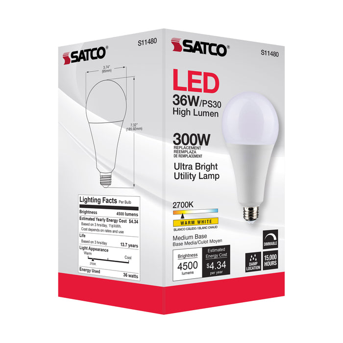 SATCO/NUVO Ultra Bright Utility Lamp 36W PS30 LED Dimmable White Finish Medium Base 2700K 120V High Lumen (S11480)