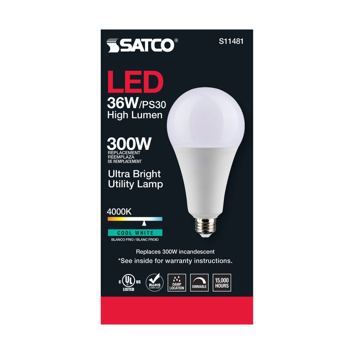 SATCO/NUVO Ultra Bright Utility Lamp 36W PS30 LED Dimmable White Finish Medium Base 4000K 120V High Lumen (S11481)