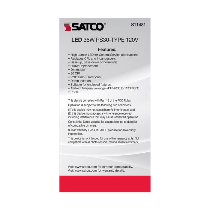 SATCO/NUVO Ultra Bright Utility Lamp 36W PS30 LED Dimmable White Finish Medium Base 4000K 120V High Lumen (S11481)