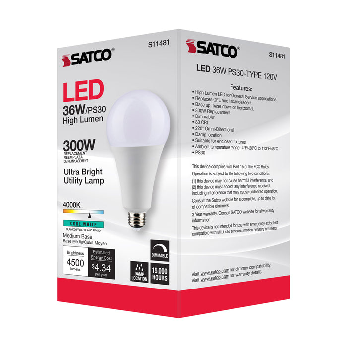 SATCO/NUVO Ultra Bright Utility Lamp 36W PS30 LED Dimmable White Finish Medium Base 4000K 120V High Lumen (S11481)