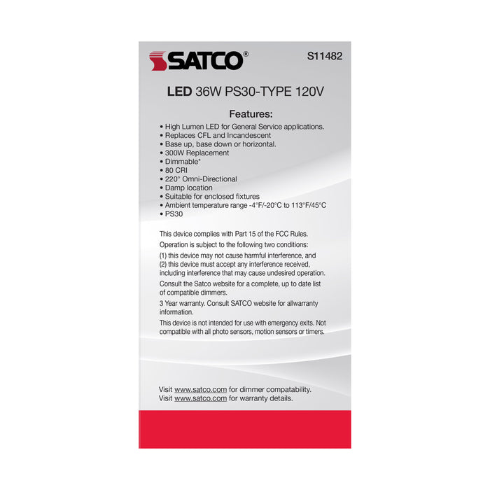 SATCO/NUVO Ultra Bright Utility Lamp 36W PS30 LED Dimmable White Finish Medium Base 5000K 120V High Lumen (S11482)