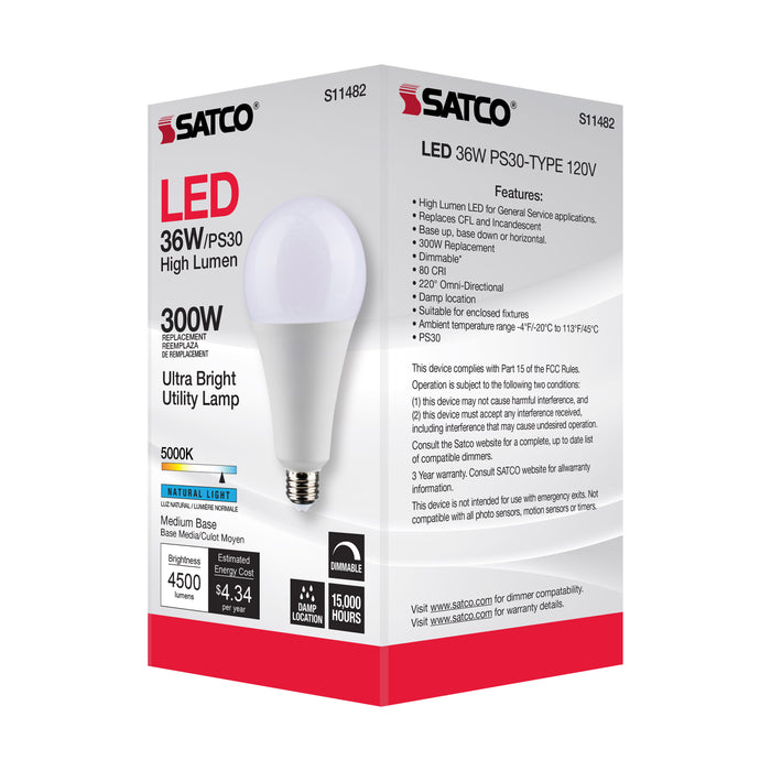SATCO/NUVO Ultra Bright Utility Lamp 36W PS30 LED Dimmable White Finish Medium Base 5000K 120V High Lumen (S11482)