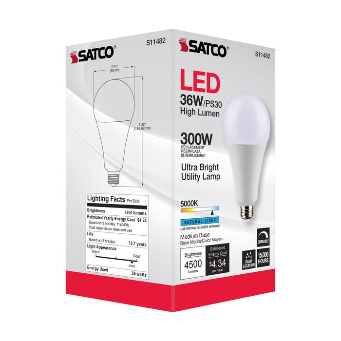 SATCO/NUVO Ultra Bright Utility Lamp 36W PS30 LED Dimmable White Finish Medium Base 5000K 120V High Lumen (S11482)