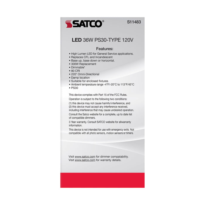 SATCO/NUVO Ultra Bright Utility Lamp 36W PS30 LED Dimmable White Finish Mogul Base 2700K 120V High Lumen (S11483)