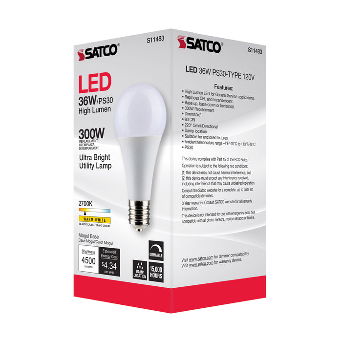 SATCO/NUVO Ultra Bright Utility Lamp 36W PS30 LED Dimmable White Finish Mogul Base 2700K 120V High Lumen (S11483)