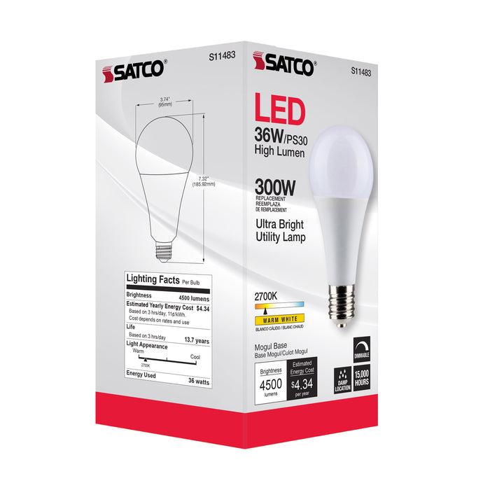 SATCO/NUVO Ultra Bright Utility Lamp 36W PS30 LED Dimmable White Finish Mogul Base 2700K 120V High Lumen (S11483)
