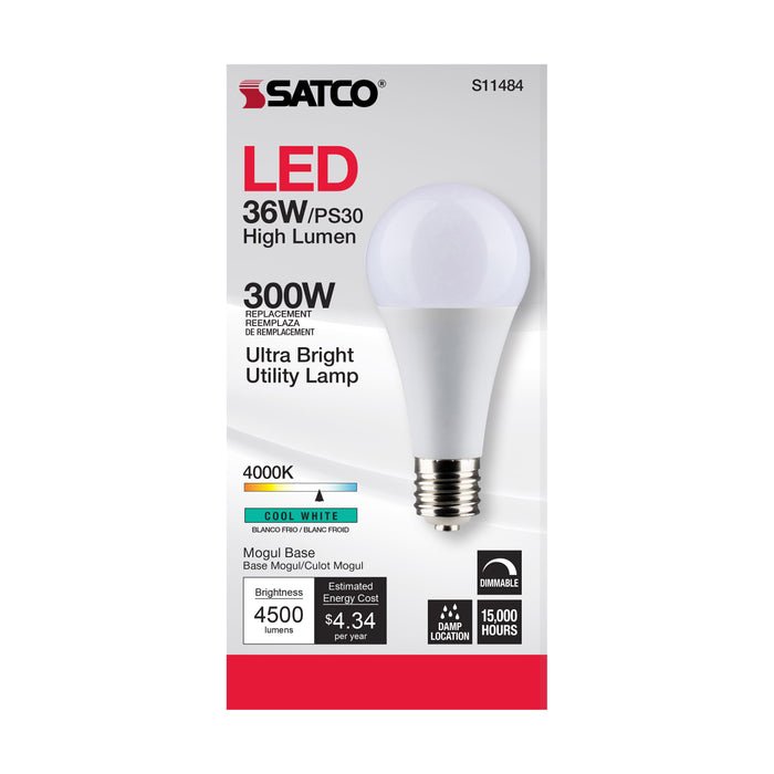 SATCO/NUVO Ultra Bright Utility Lamp 36W PS30 LED Dimmable White Finish Mogul Base 4000K 120V High Lumen (S11484)