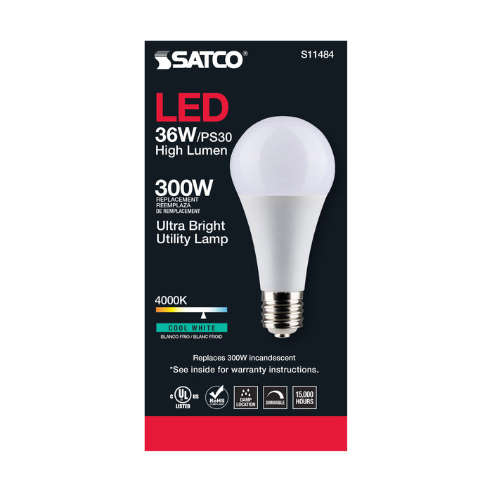 SATCO/NUVO Ultra Bright Utility Lamp 36W PS30 LED Dimmable White Finish Mogul Base 4000K 120V High Lumen (S11484)