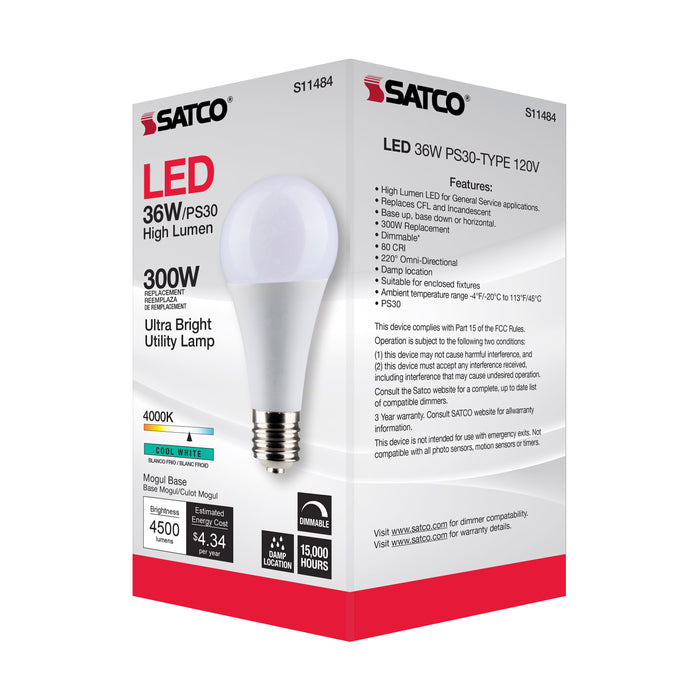 SATCO/NUVO Ultra Bright Utility Lamp 36W PS30 LED Dimmable White Finish Mogul Base 4000K 120V High Lumen (S11484)