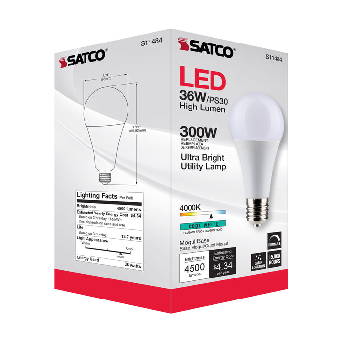 SATCO/NUVO Ultra Bright Utility Lamp 36W PS30 LED Dimmable White Finish Mogul Base 4000K 120V High Lumen (S11484)