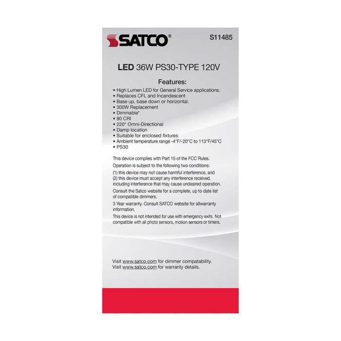 SATCO/NUVO Ultra Bright Utility Lamp 36W PS30 LED Dimmable White Finish Mogul Base 5000K 120V High Lumen (S11485)
