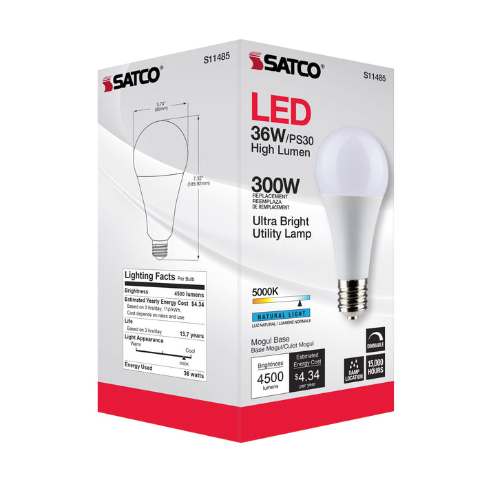 SATCO/NUVO Ultra Bright Utility Lamp 36W PS30 LED Dimmable White Finish Mogul Base 5000K 120V High Lumen (S11485)