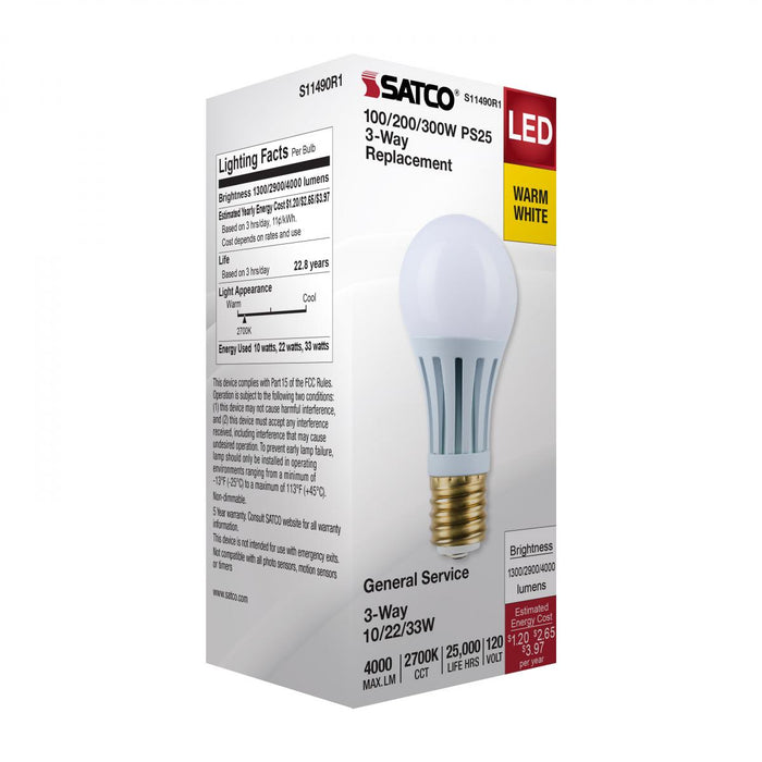 SATCO/NUVO Wattage Selectable 10W/22W/33W PS25 LED Three-Way Lamp E39D Mogul Base 2700K White Finish 120V (S11490R1)